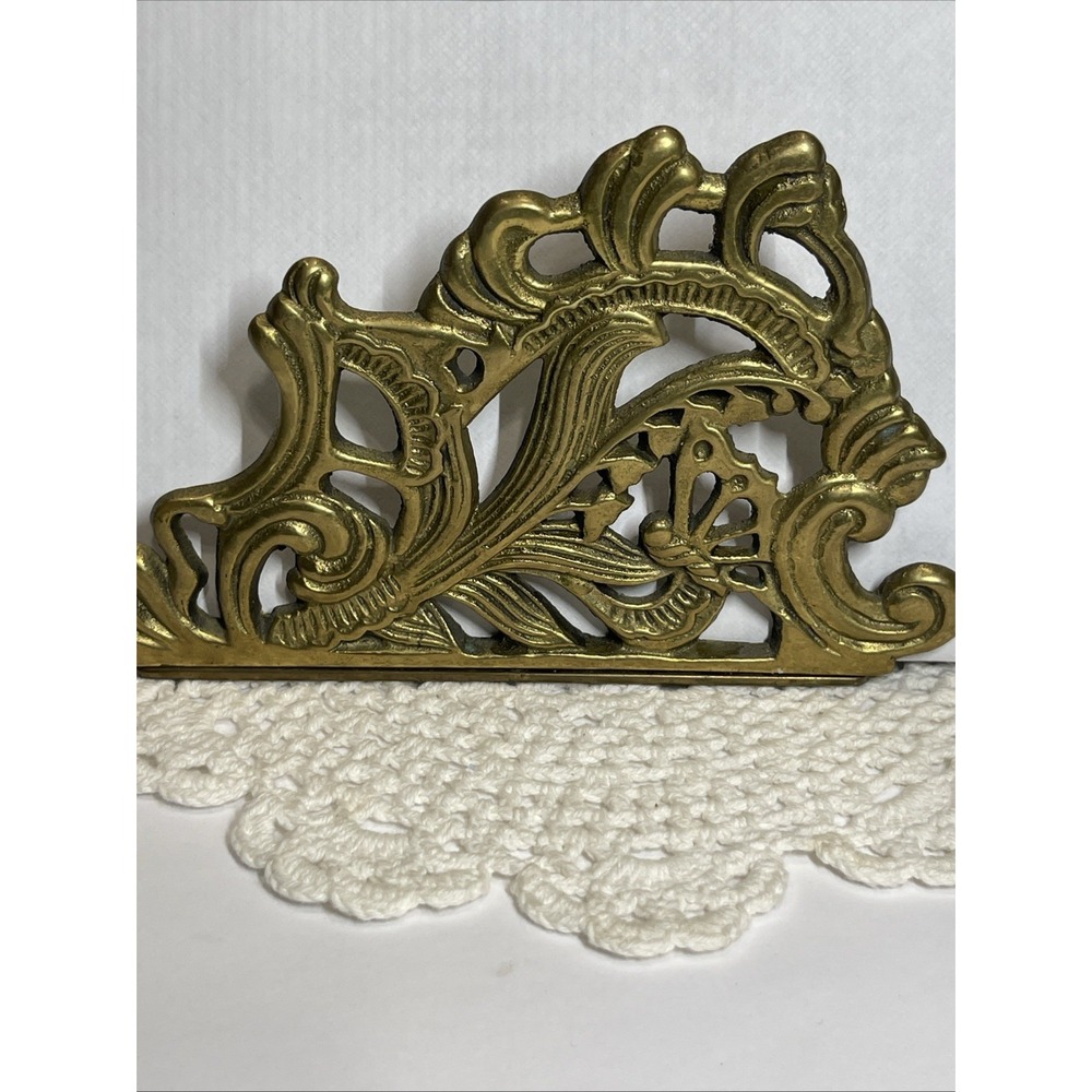 Vintage Solid Brass Napkin Letter Holder Art Ornate Teleflora 1983 Butterfly